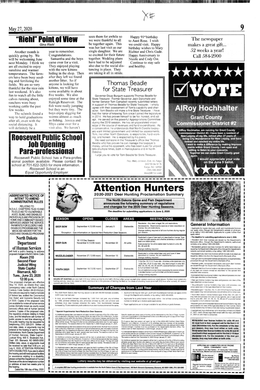 Attention Hunters ABBREVIATED Soncr of 2020-2021 Deer Hunting Proclamation Summary INTENT to AMEND ADMINISTRATIVE RULES Relating to N.DAC