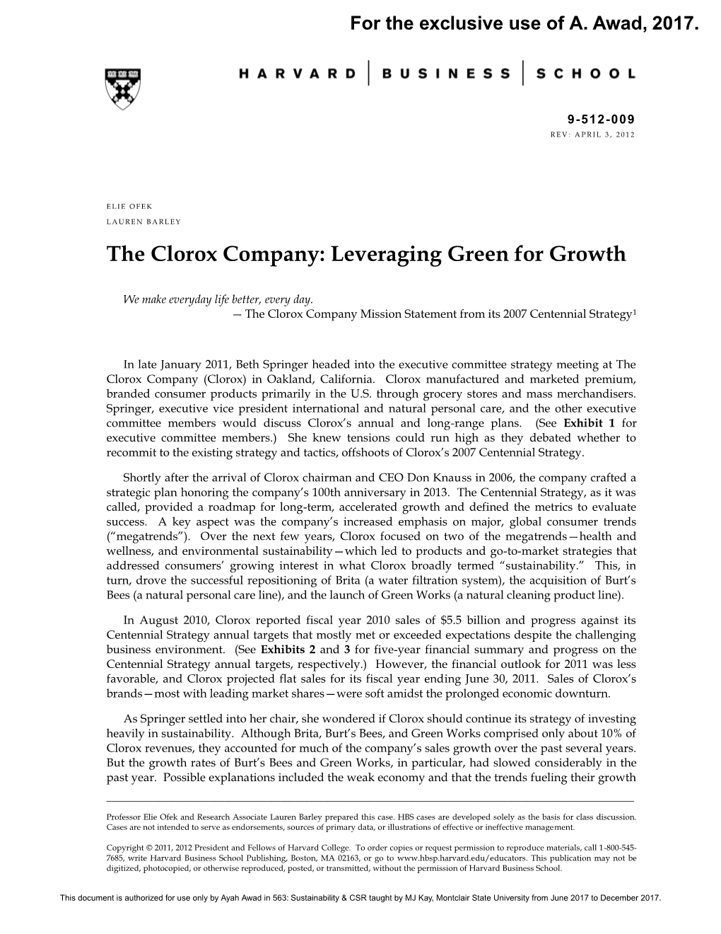 The Clorox Company: Leveraging Green for Growth