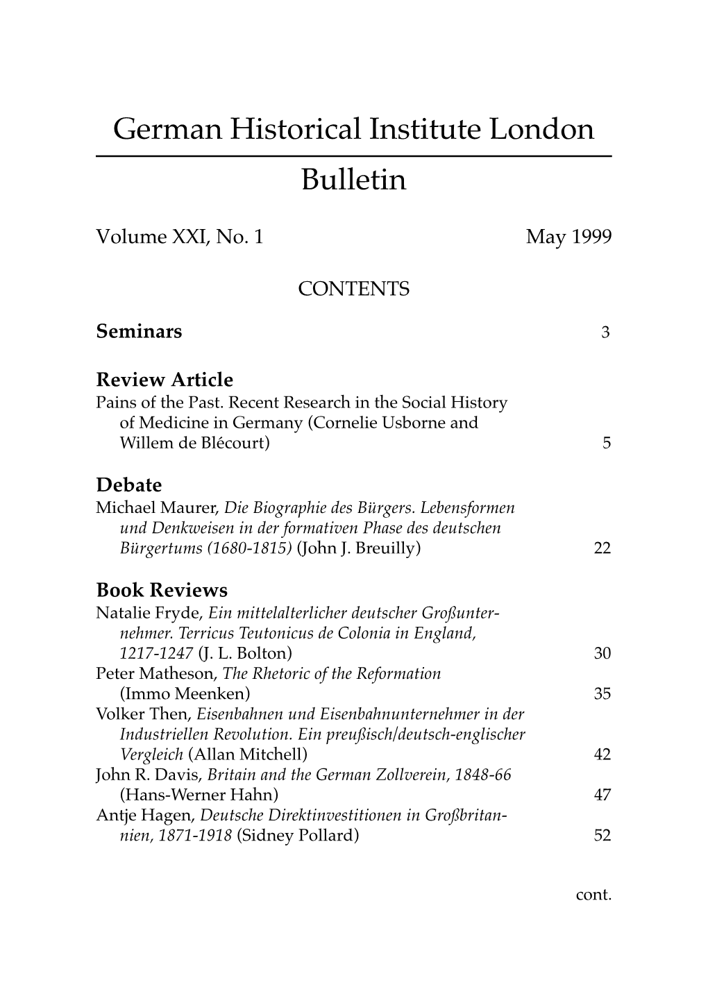 German Historical Institute London Bulletin Vol 21 (1999), No. 1