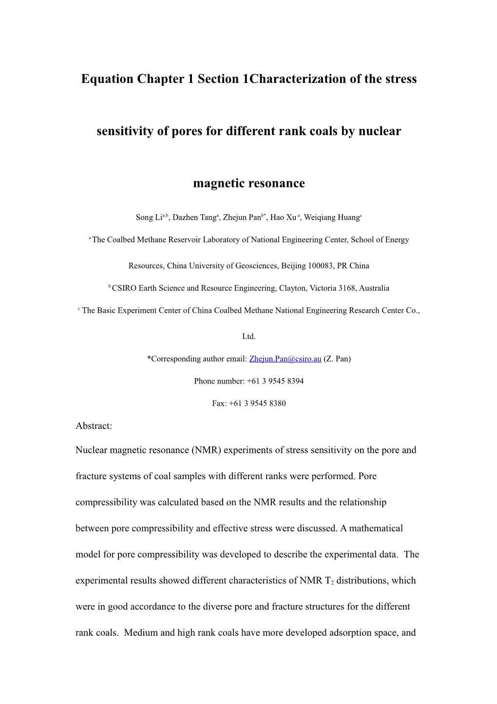 Ection 1Characterization of the Stress Sensitivity of Pores for Different Rank Coals By