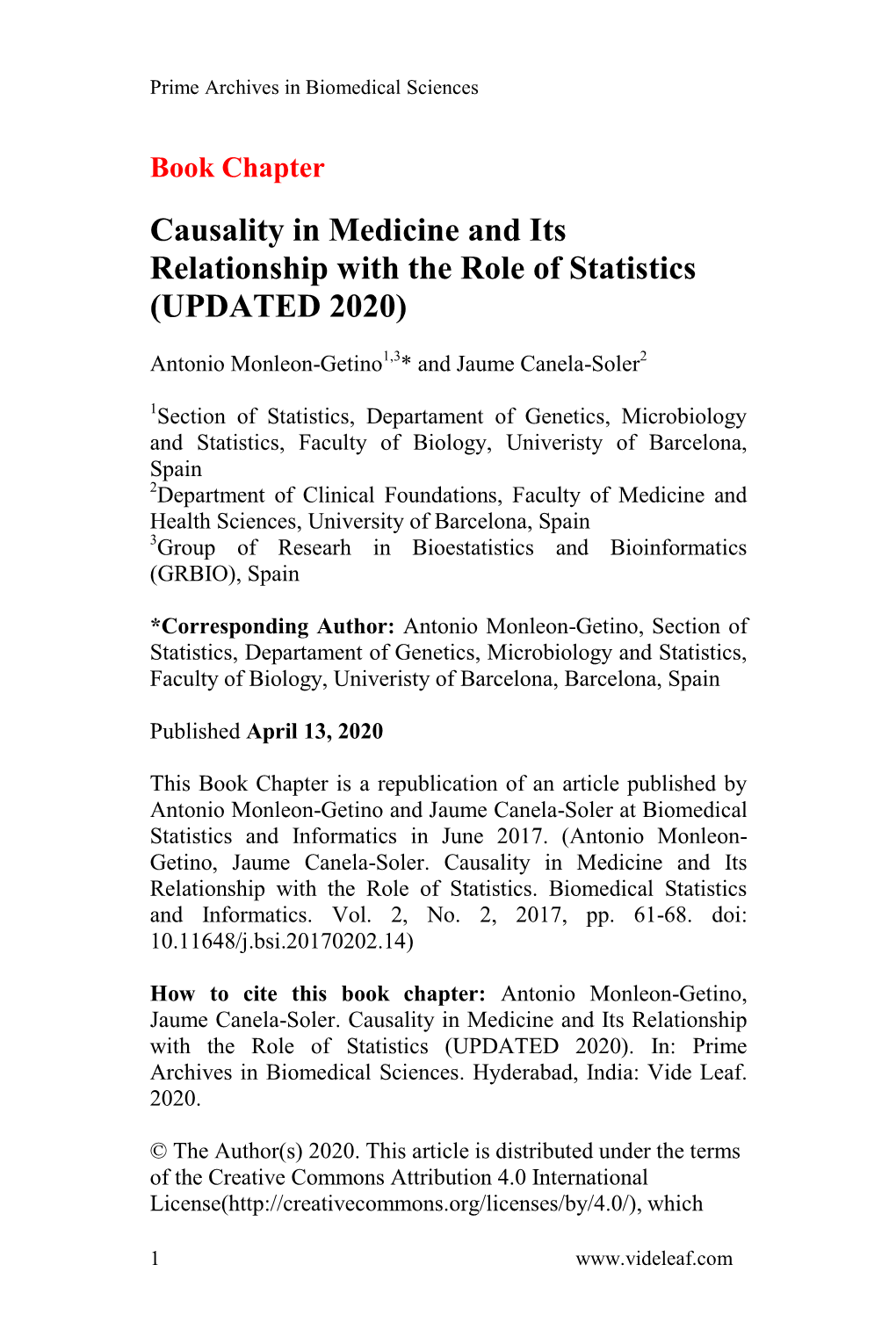 Causality in Medicine and Its Relationship with the Role of Statistics (UPDATED 2020)