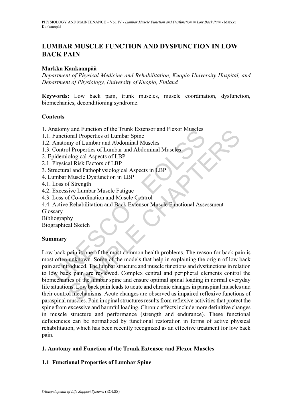 Lumbar Muscle Function and Dysfunction in Low Back Pain - Markku Kankaanpää