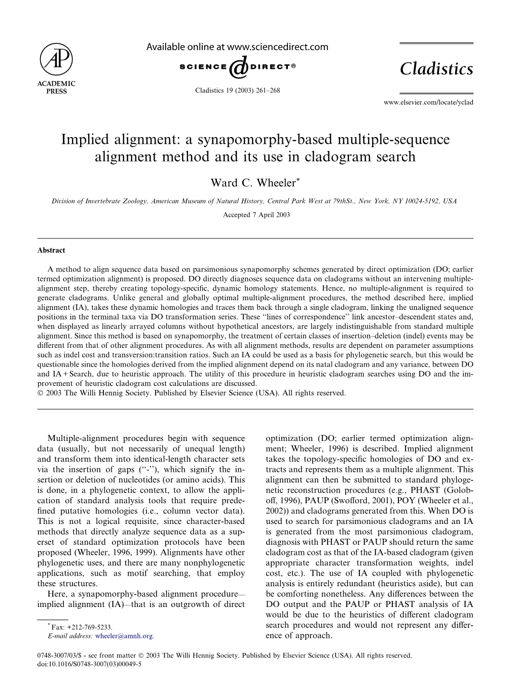 A Synapomorphy-Based Multiple Sequence Alignment Method. Cladistics, 19:261