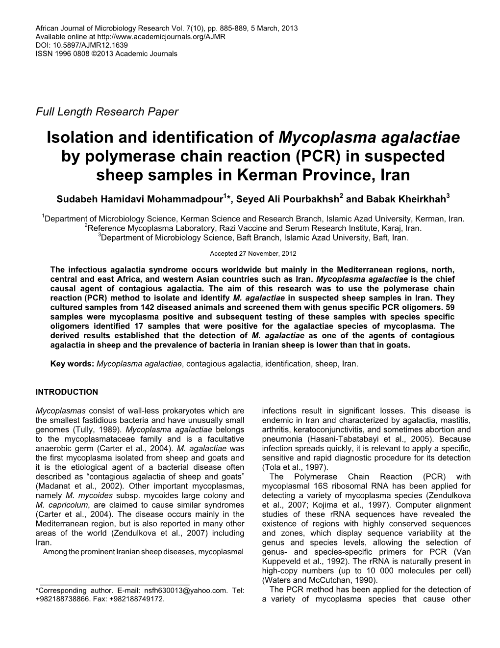 (PCR) in Suspected Sheep Samples in Kerman Province, Iran