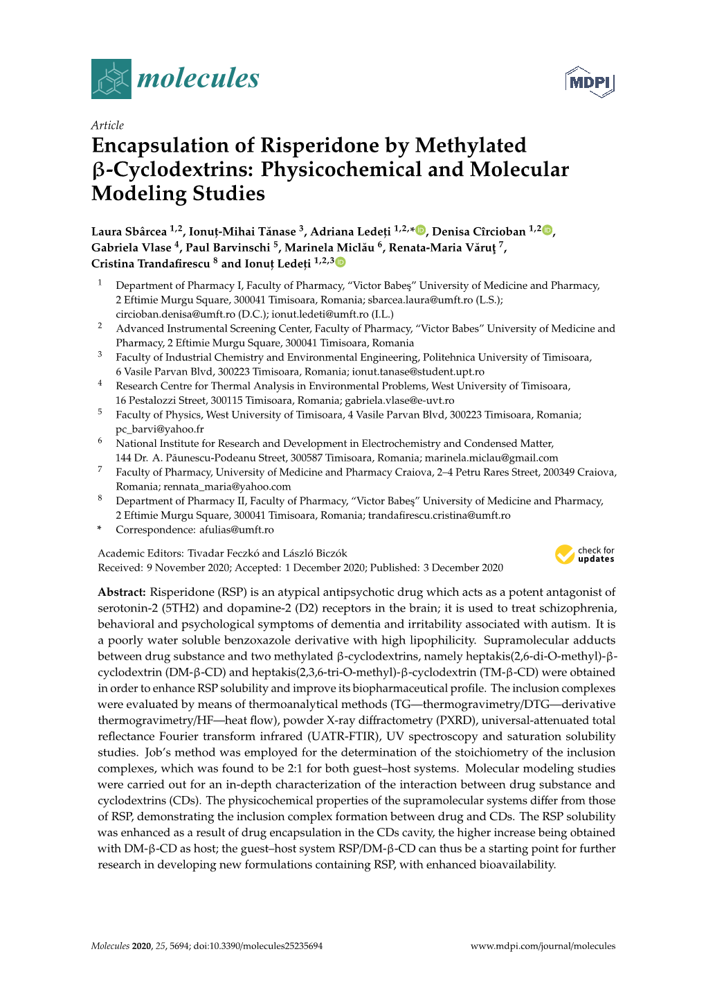 Encapsulation of Risperidone by Methylated Β-Cyclodextrins: Physicochemical and Molecular Modeling Studies