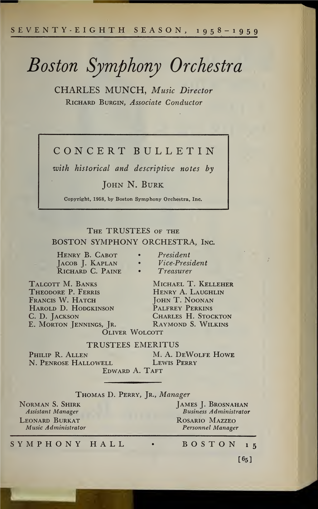 Boston Symphony Orchestra Concert Programs, Season 78, 1958-1959