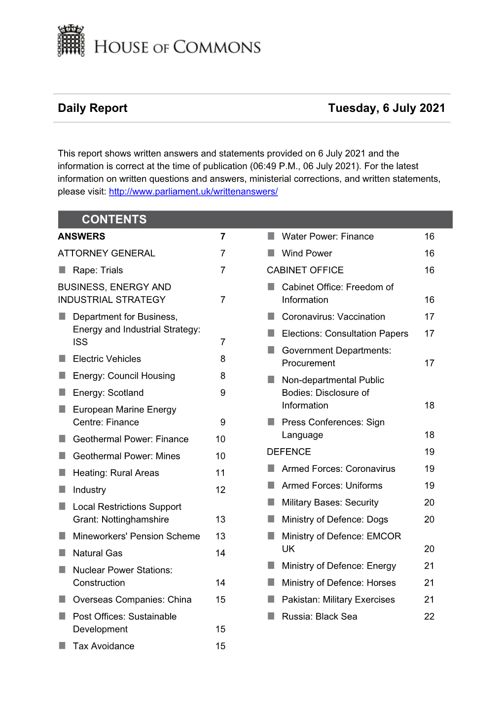 Daily Report Tuesday, 6 July 2021 CONTENTS