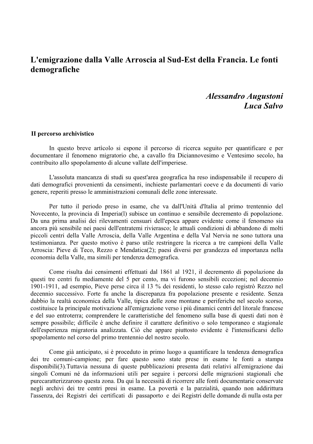 L'emigrazione Dalla Valle Arroscia Al Sud-Est Della Francia. Le Fonti Demografiche