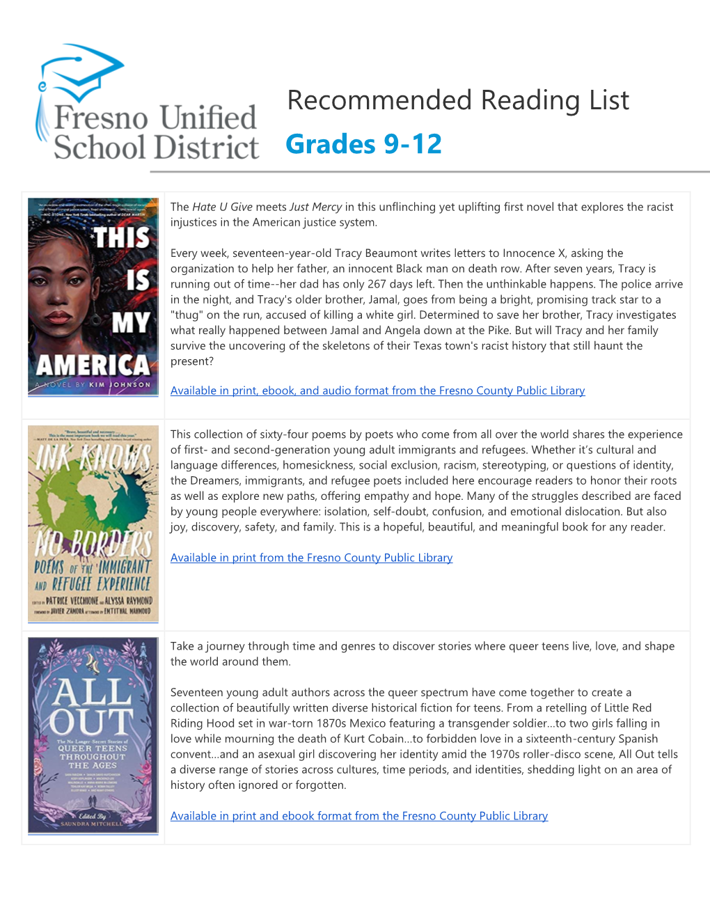 Recommended Reading List Grades 9-12