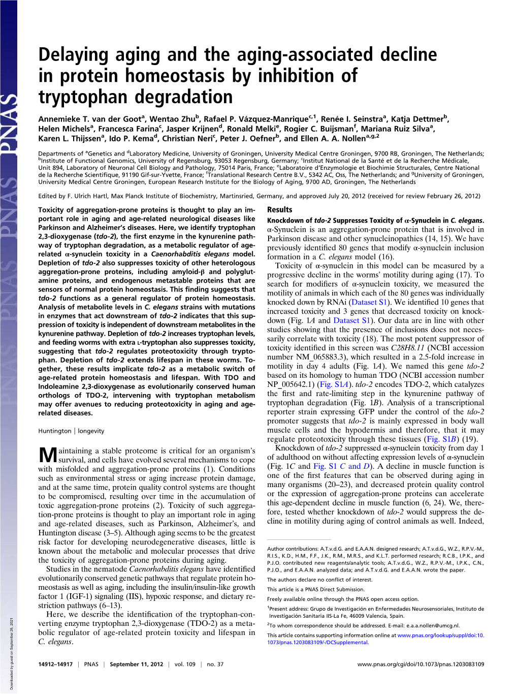 Delaying Aging and the Aging-Associated Decline in Protein Homeostasis by Inhibition of Tryptophan Degradation