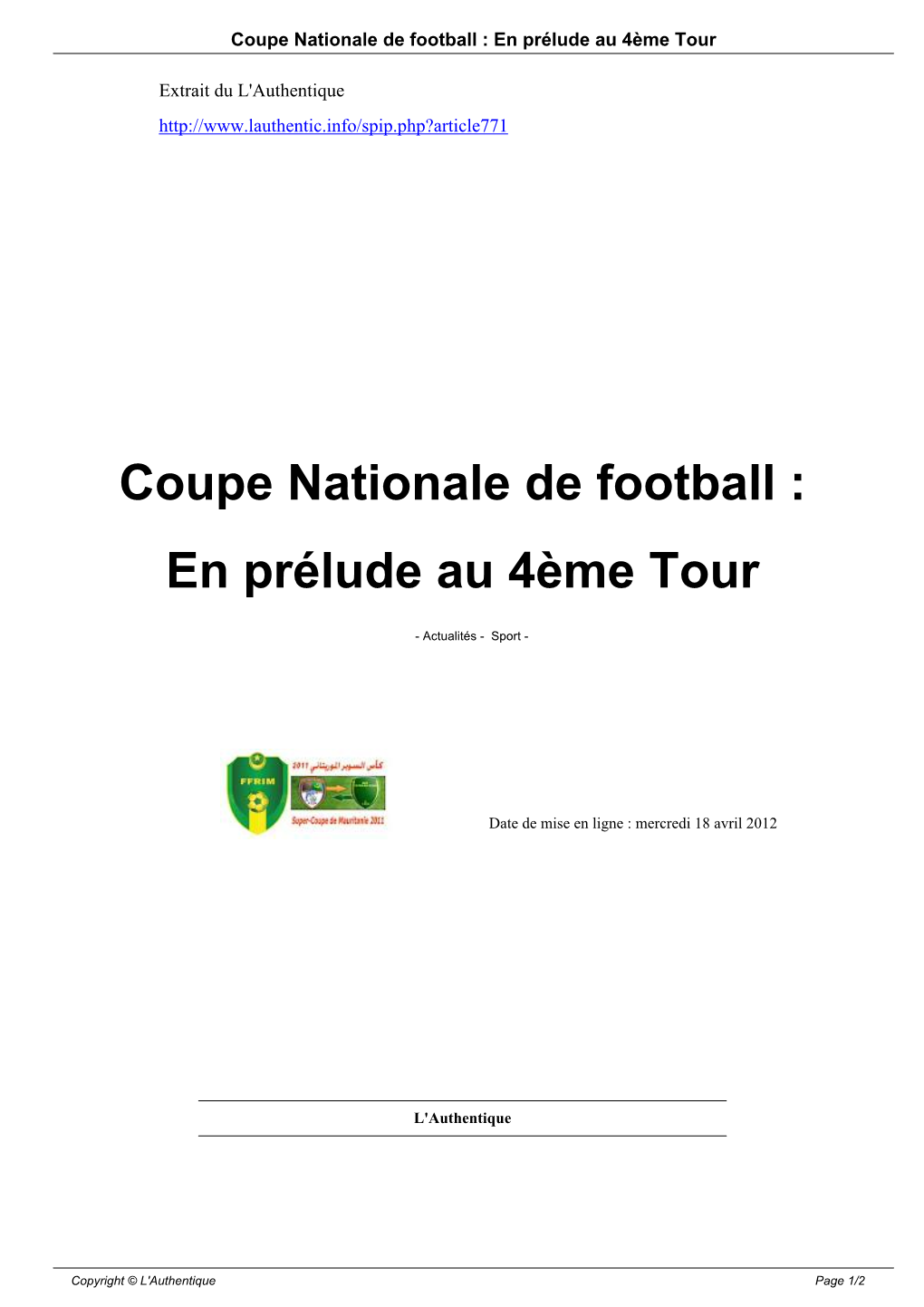 Coupe Nationale De Football : En Prélude Au 4Ème Tour