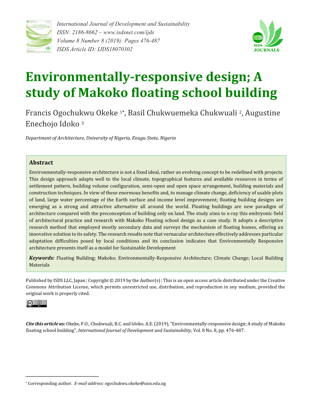 Environmentally-Responsive Design; a Study of Makoko Floating School Building