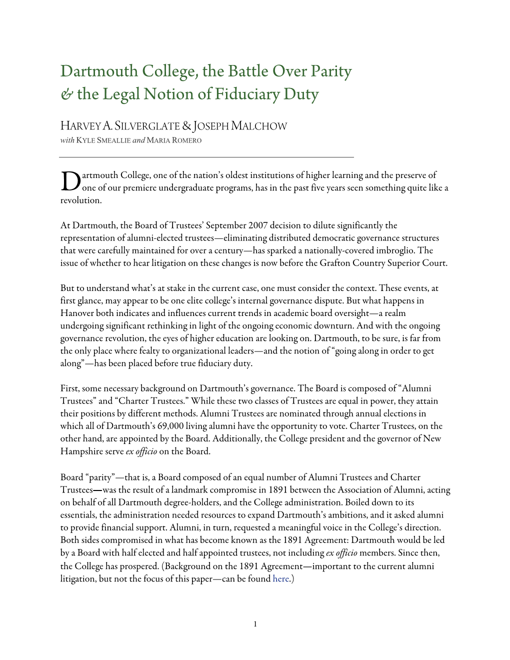 Dartmouth College, the Battle Over Parity & the Legal Notion Of