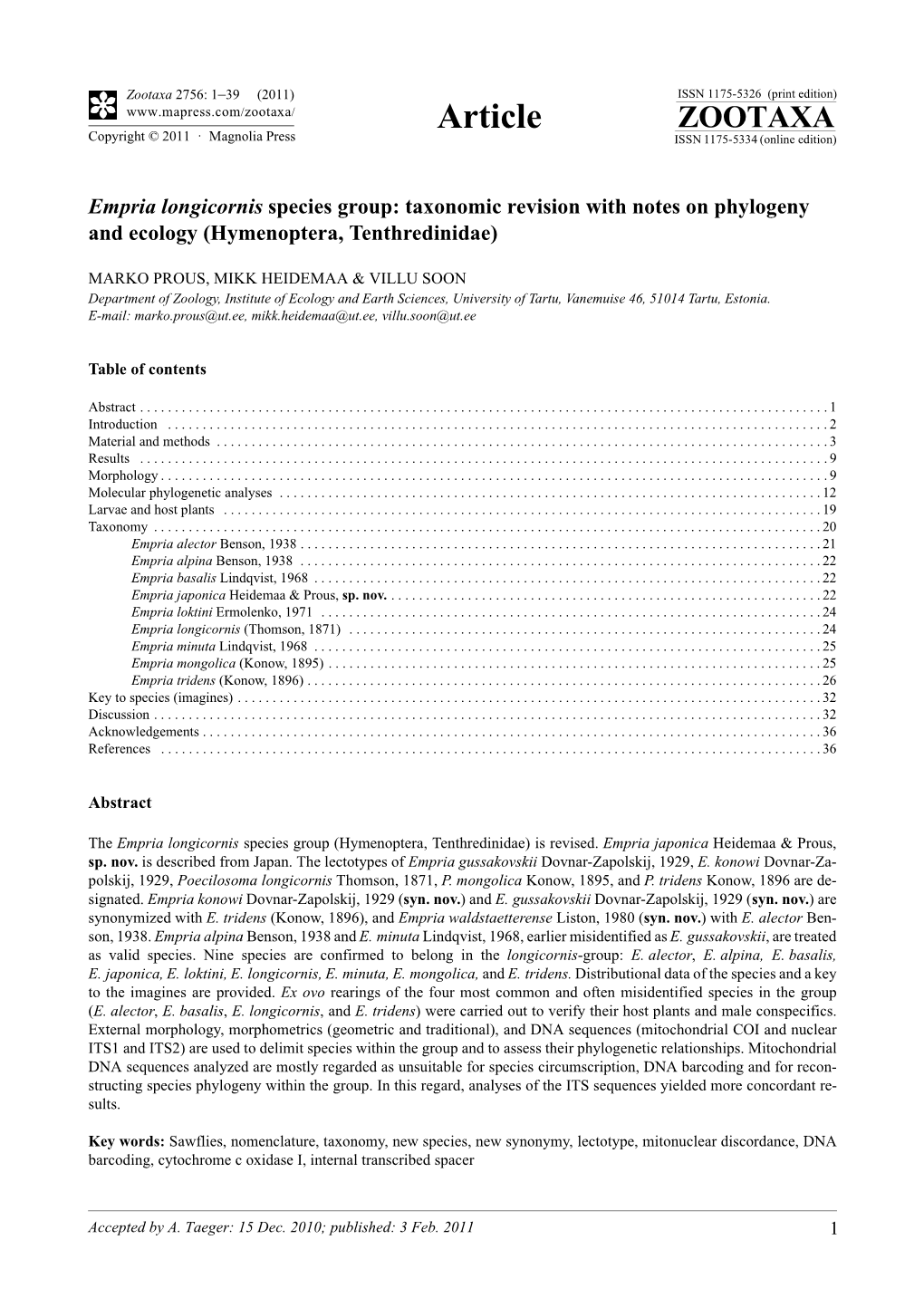 Empria Longicornis Species Group: Taxonomic Revision with Notes on Phylogeny and Ecology (Hymenoptera, Tenthredinidae)