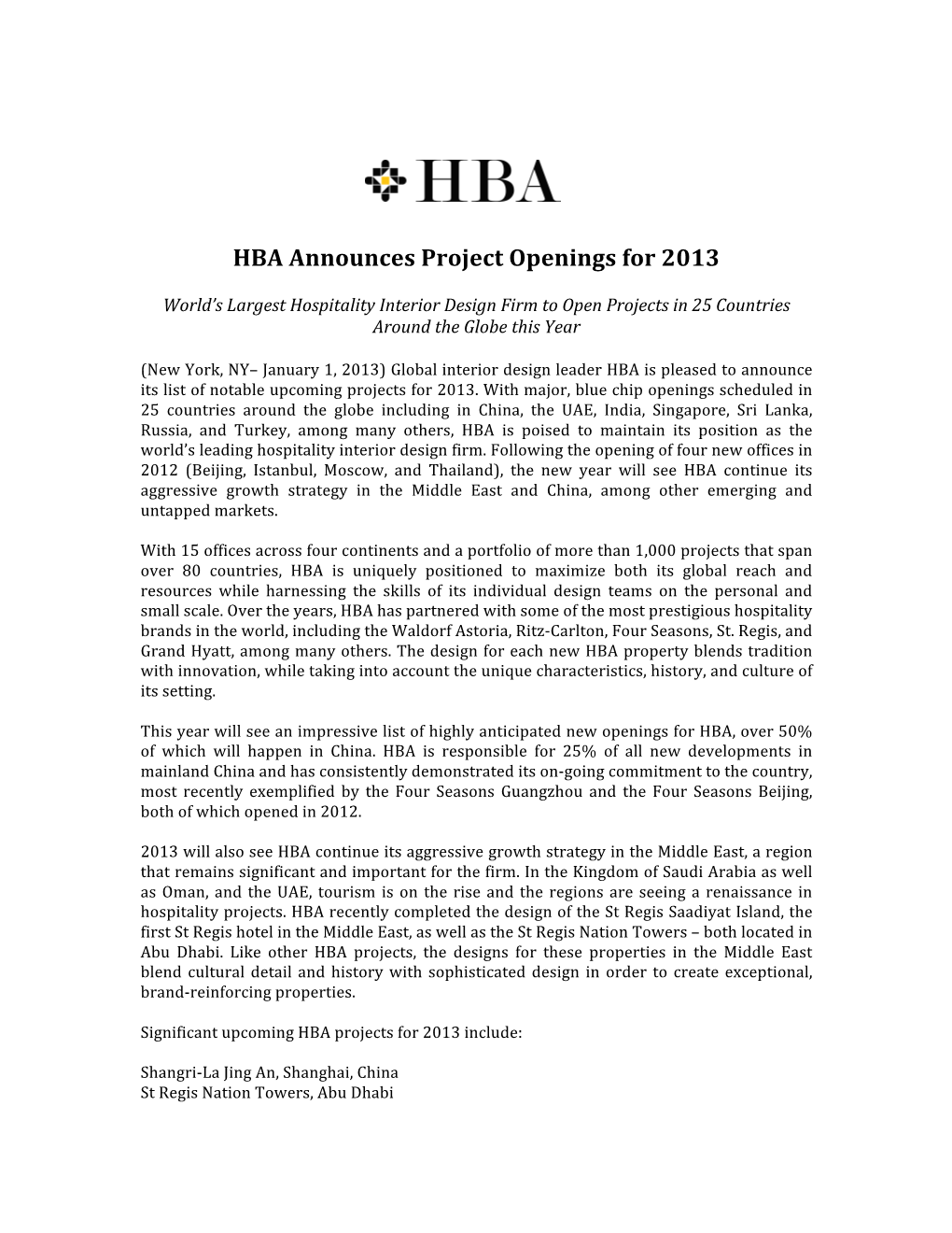HBA Announces Project Openings for 2013