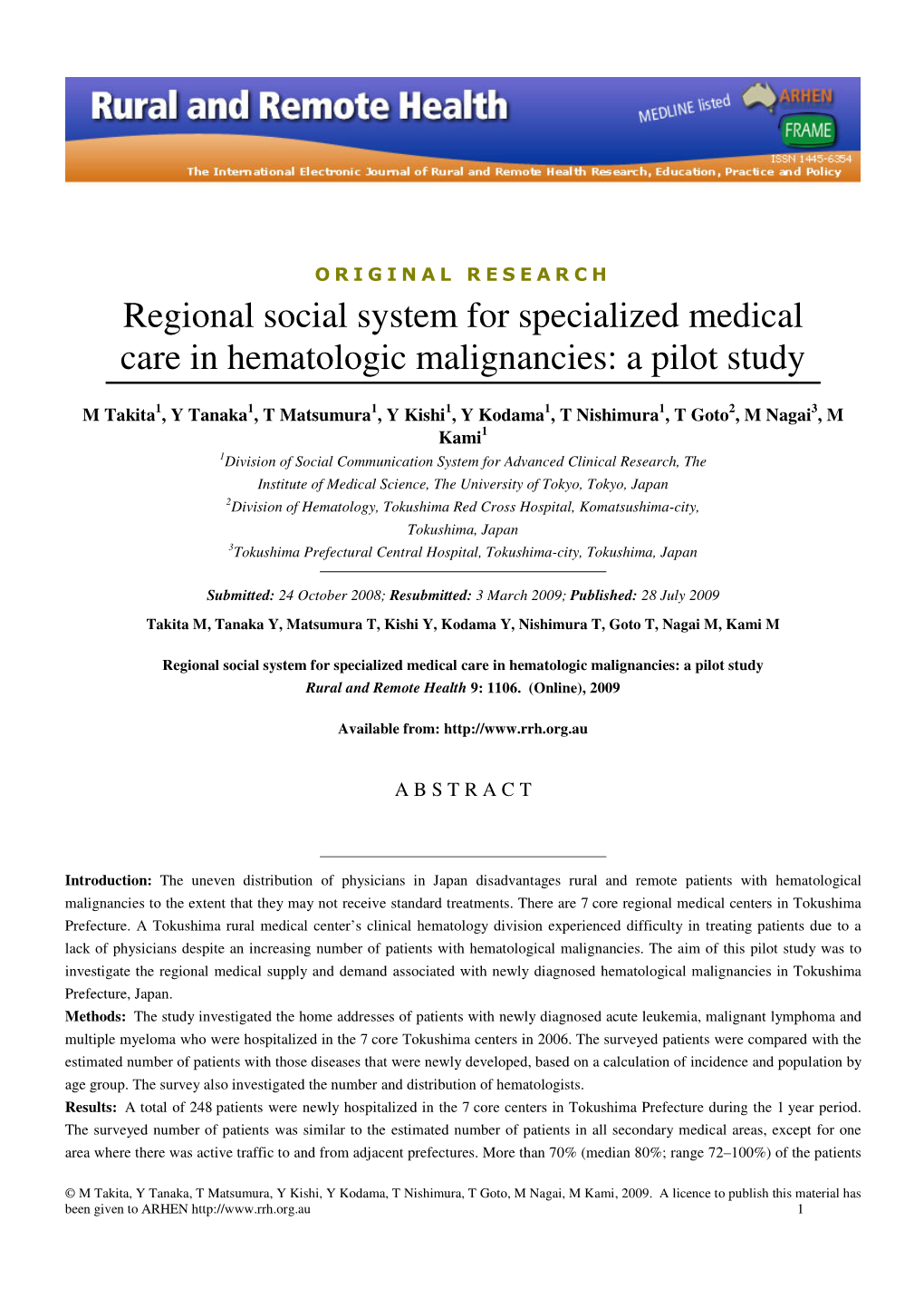 Regional Social System for Specialized Medical Care in Hematologic Malignancies: a Pilot Study