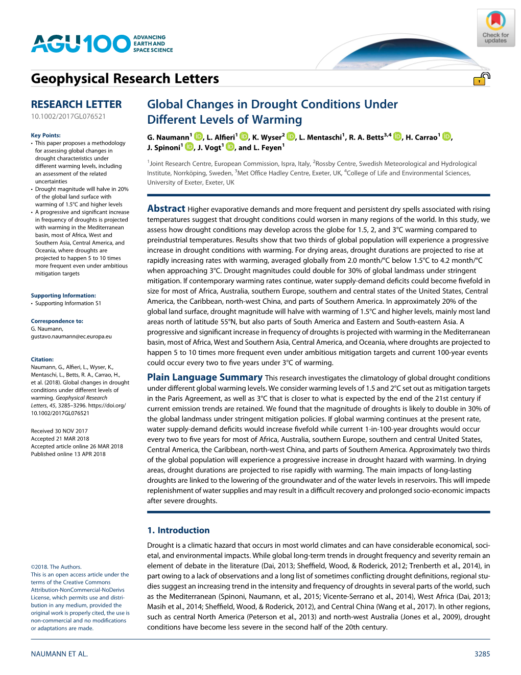 Global Changes in Drought Conditions Under Different Levels of Under Different Global Warming Levels