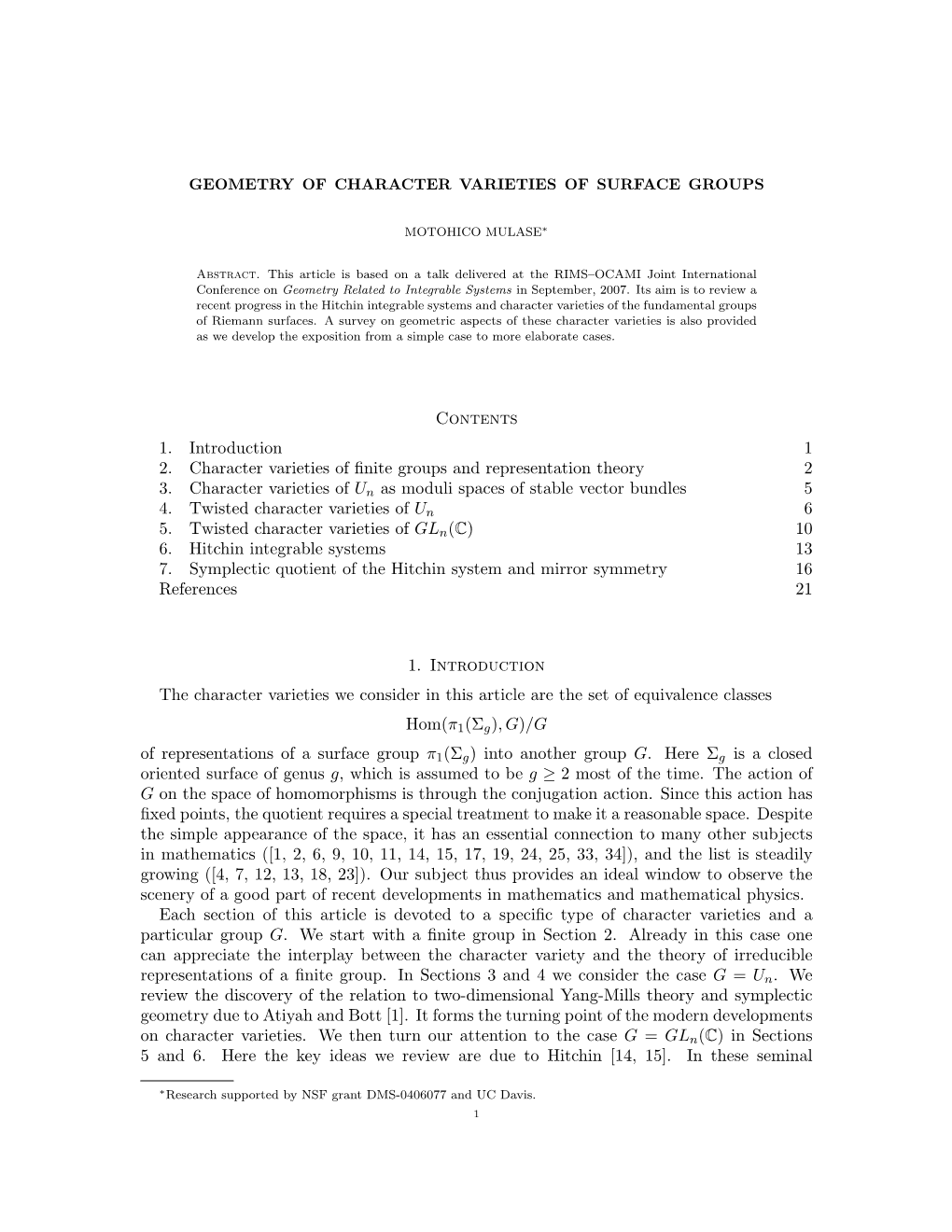 Geometry of Character Varieties of Surface Groups