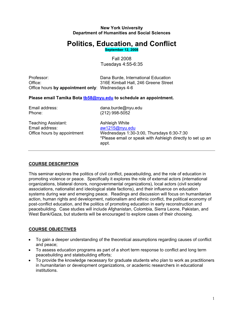 Politics, Education, and Conflict September 12, 2008