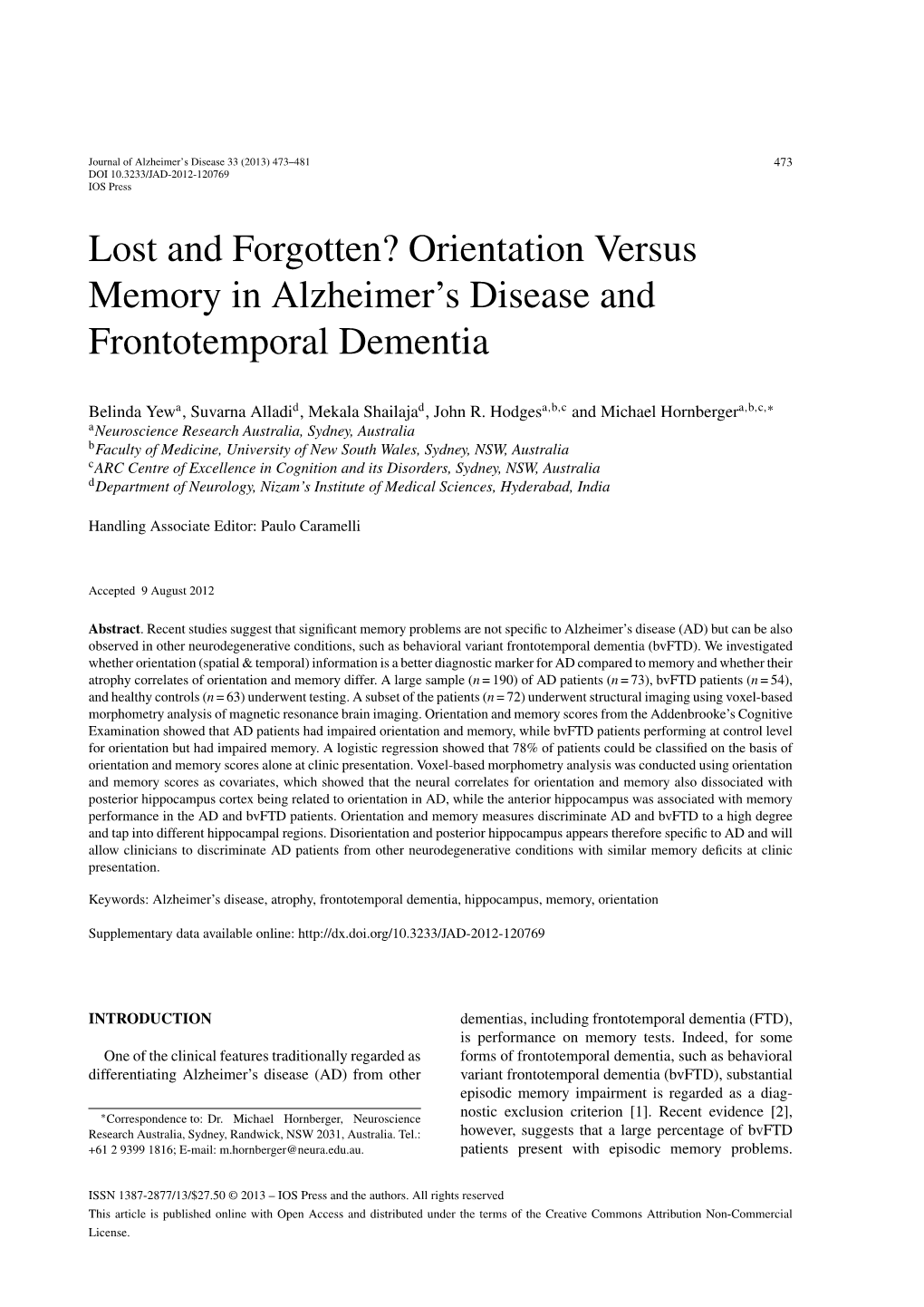 Lost and Forgotten? Orientation Versus Memory in Alzheimer's