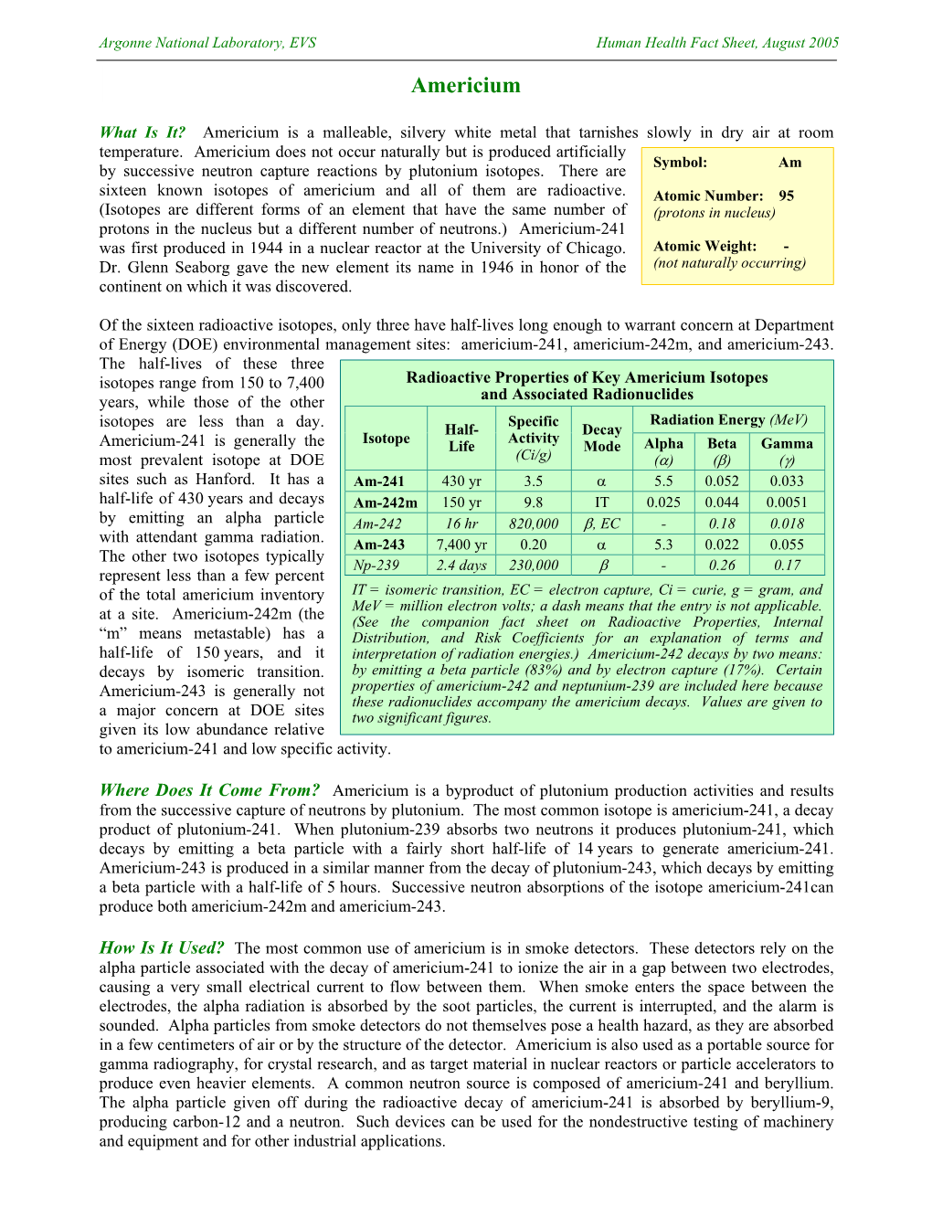 EPA Facts About Americium-241 July 2002