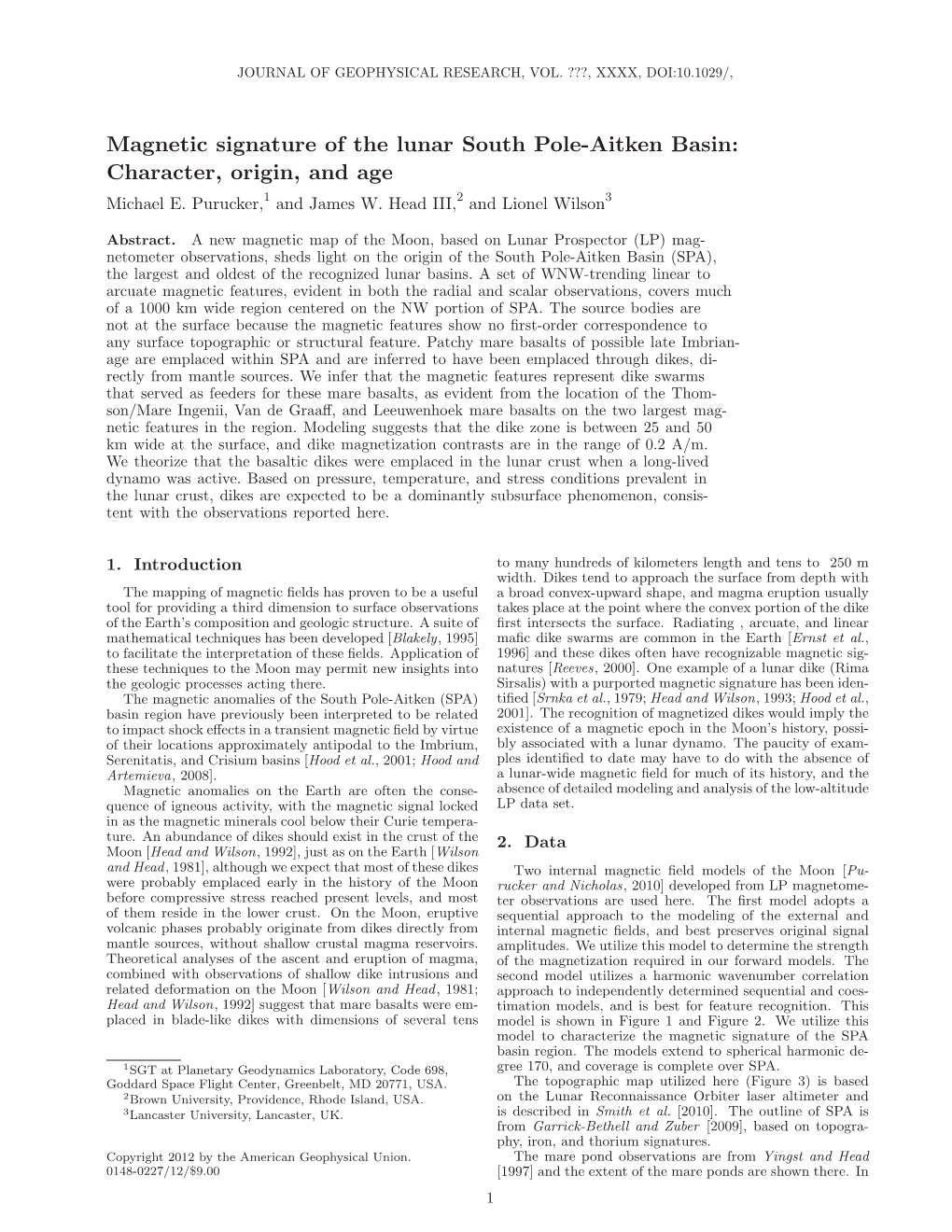 Magnetic Signature of the Lunar South Pole-Aitken Basin: Character, Origin, and Age Michael E