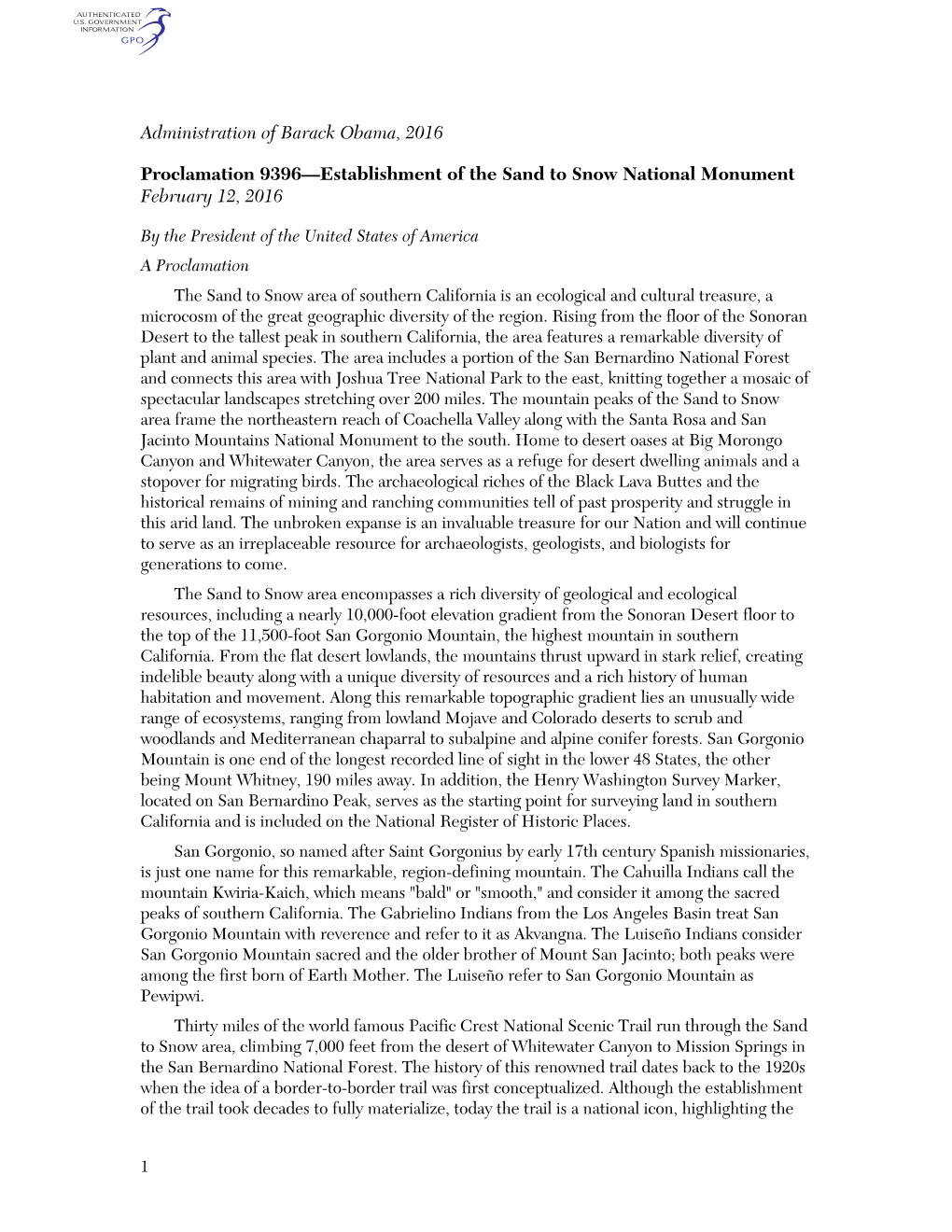 Administration of Barack Obama, 2016 Proclamation 9396—Establishment of the Sand to Snow National Monument February 12, 2016