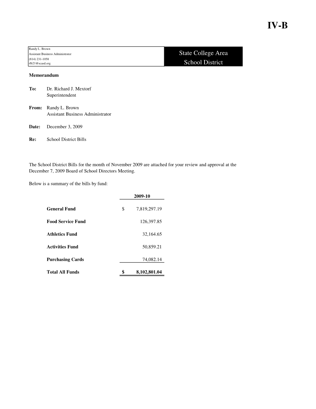 State College Area School District General Fund Checks Dated November 1 - 30, 2009 School Board Meeting December 7, 2009