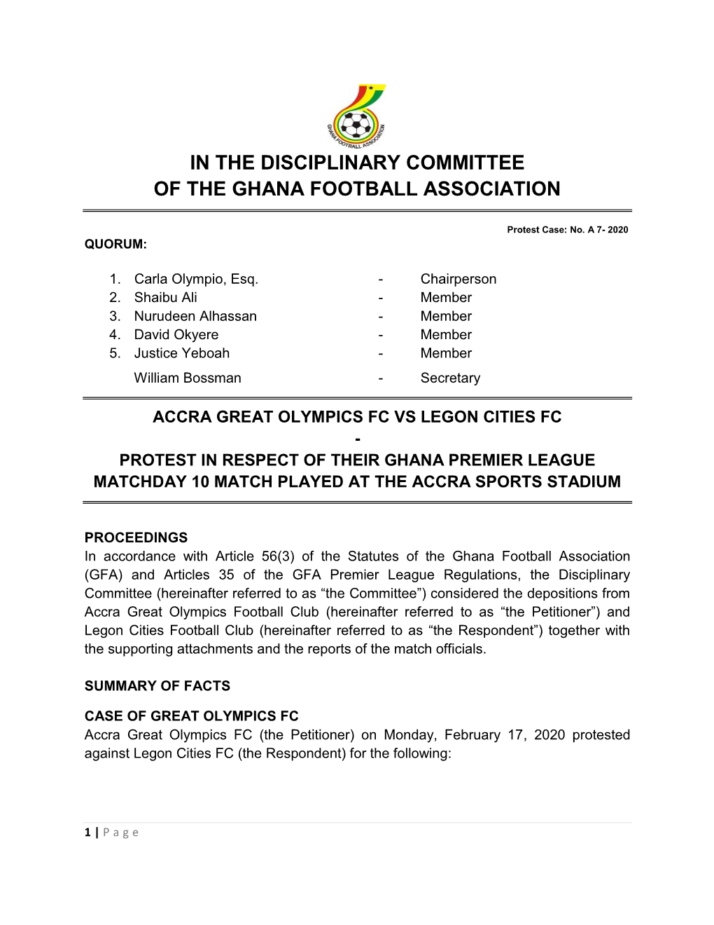 In the Disciplinary Committee of the Ghana Football Association