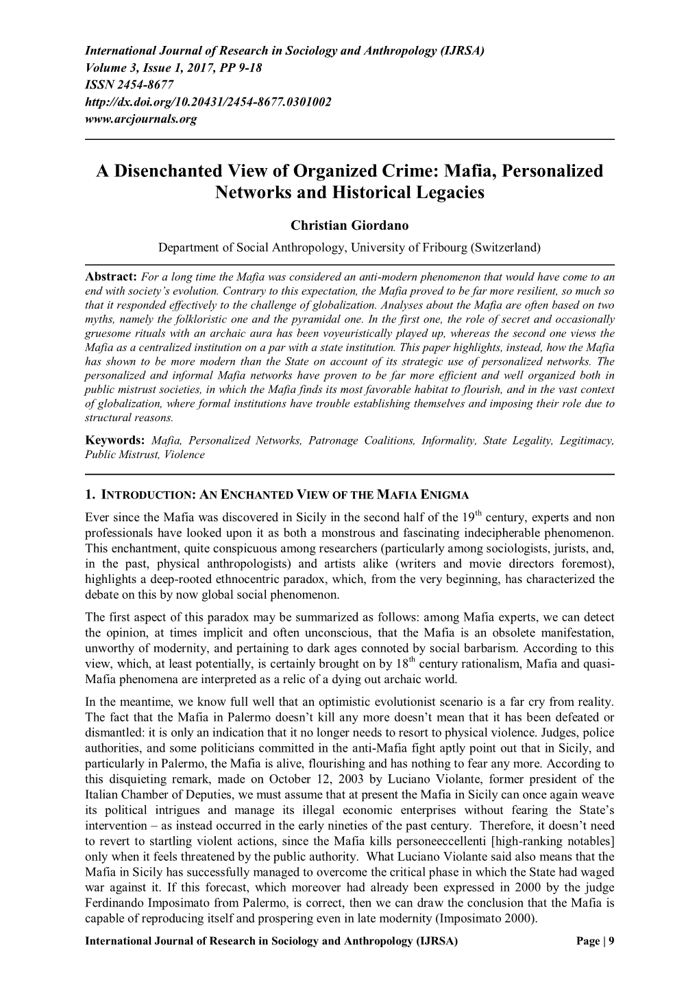 A Disenchanted View of Organized Crime: Mafia, Personalized Networks and Historical Legacies