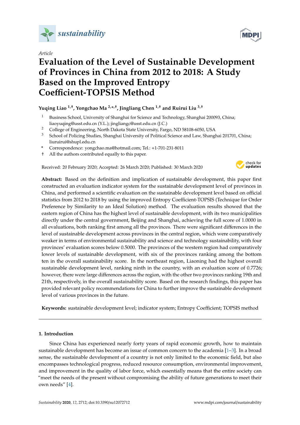 Evaluation of the Level of Sustainable Development of Provinces in China from 2012 to 2018: a Study Based on the Improved Entropy Coeﬃcient-TOPSIS Method