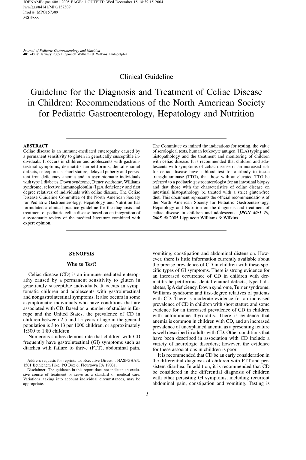 Guideline for the Diagnosis and Treatment of Celiac