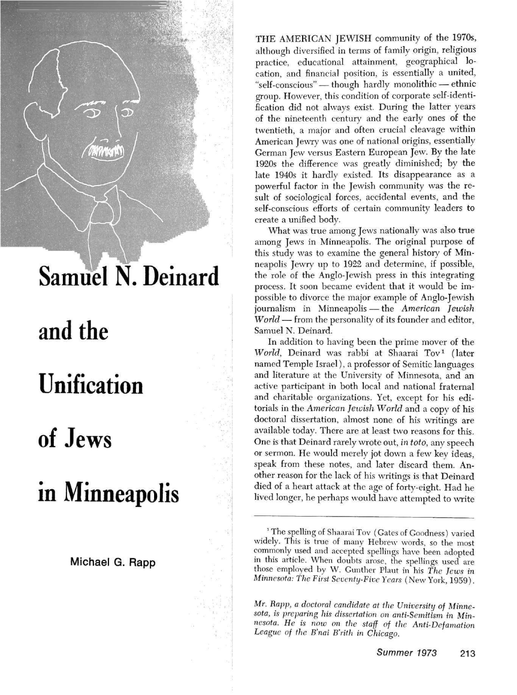 Samuel N. Deinard and the Unification of Jews in Minneapolis / Michael G