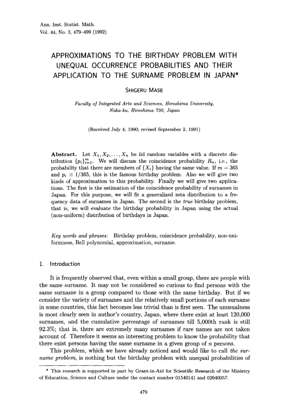 Approximations to the Birthday Problem with Unequal Occurrence Probabilities and Their Application to the Surname Problem in Japan*