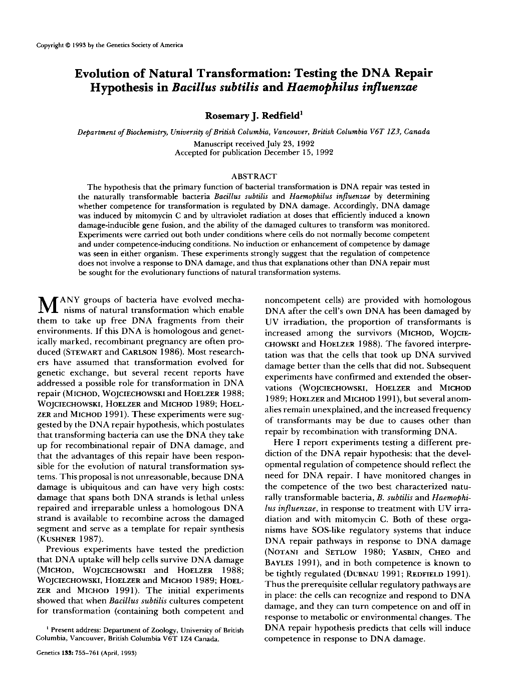 Testing the DNA Repair Hypothesis in Bacillus Subtilis and Haemophilus Intuenzae