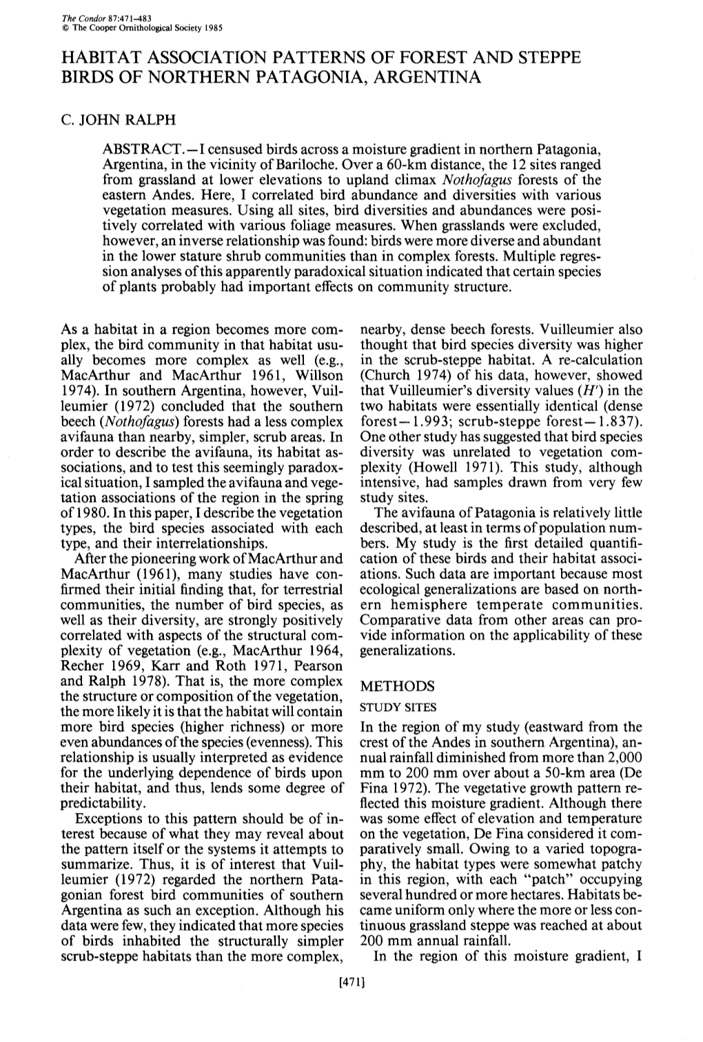 Habitat Association Patterns of Forest and Steppe Birds of Northern Patagonia, Argentina