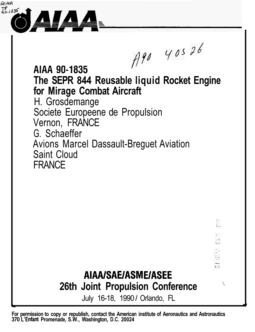 The SEPR 844 Reusable Liquid Rocket Engine for Mirage Combat Aircraft H