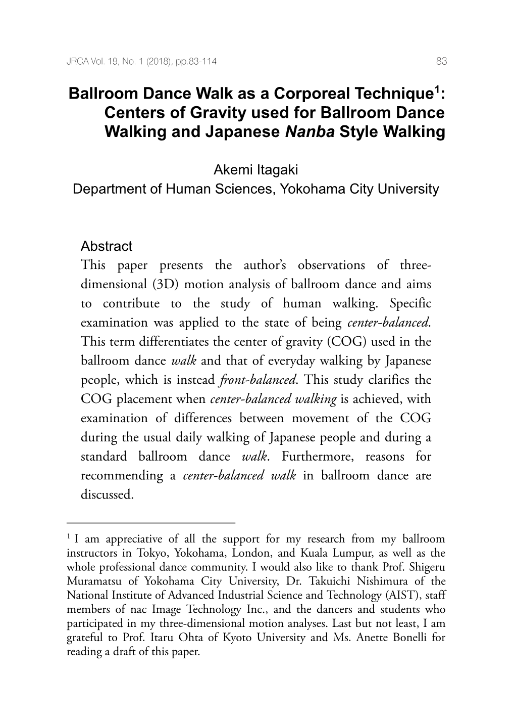 Ballroom Dance Walk As a Corporeal Technique1: Centers of Gravity Used for Ballroom Dance Walking and Japanese Nanba Style Walking