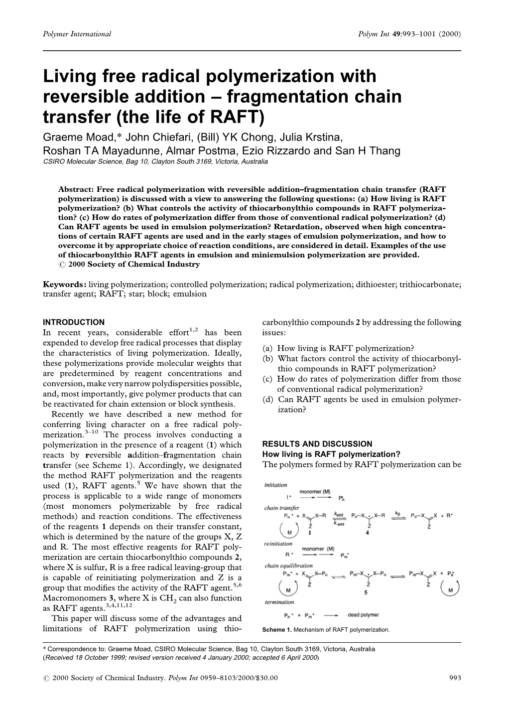 Living Free Radical Polymerization with Reversible Addition – Fragmentation