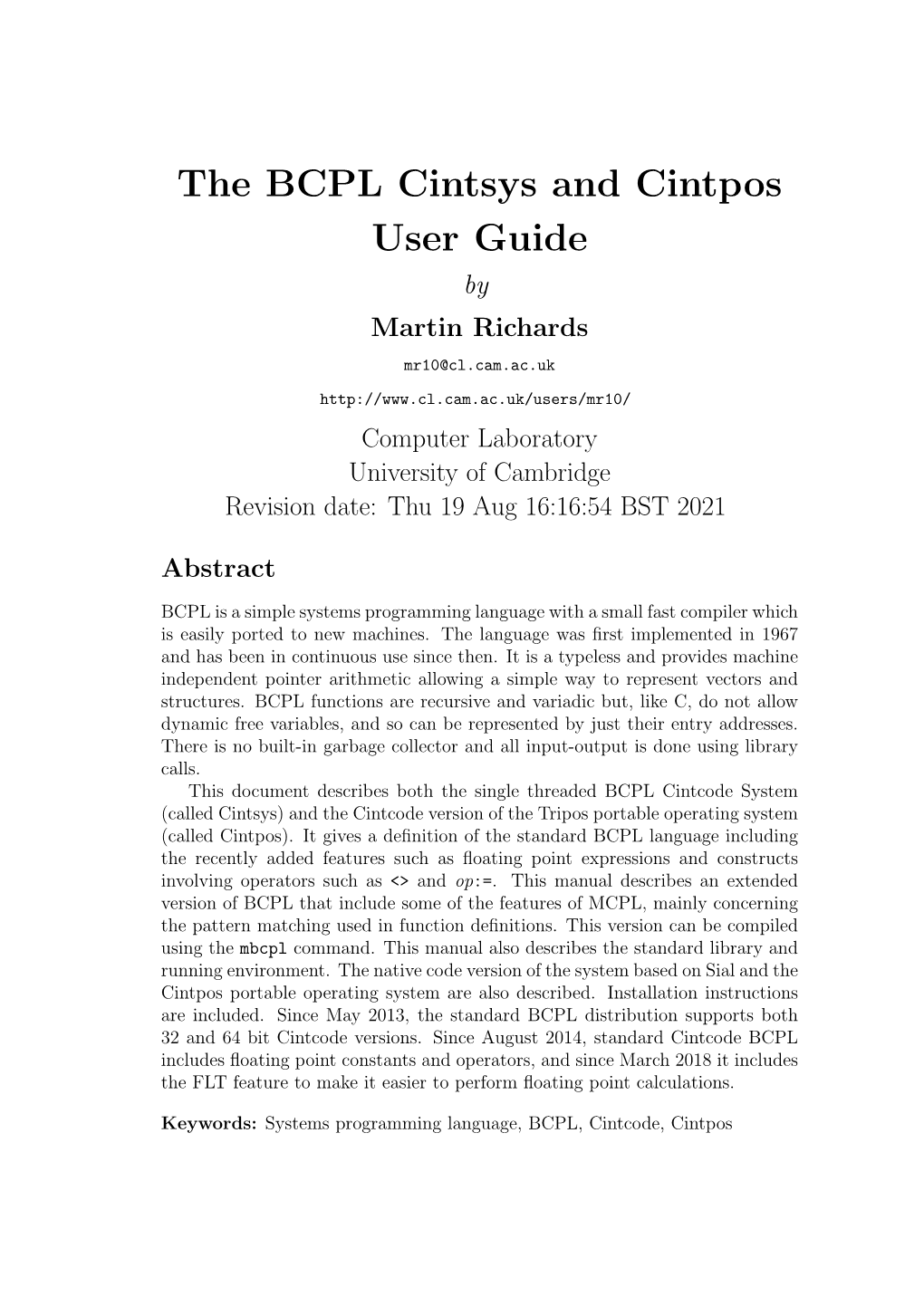 The BCPL Cintsys and Cintpos User Guide by Martin Richards Mr10@Cl.Cam.Ac.Uk