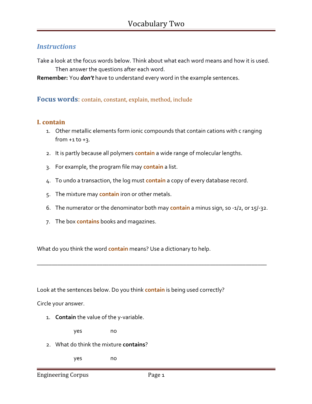 Focus Words: Contain, Constant, Explain, Method, Include