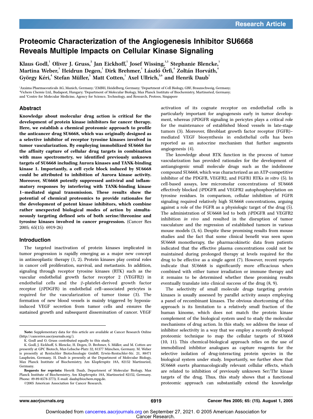 Proteomic Characterization of the Angiogenesis Inhibitor SU6668 Reveals Multiple Impacts on Cellular Kinase Signaling