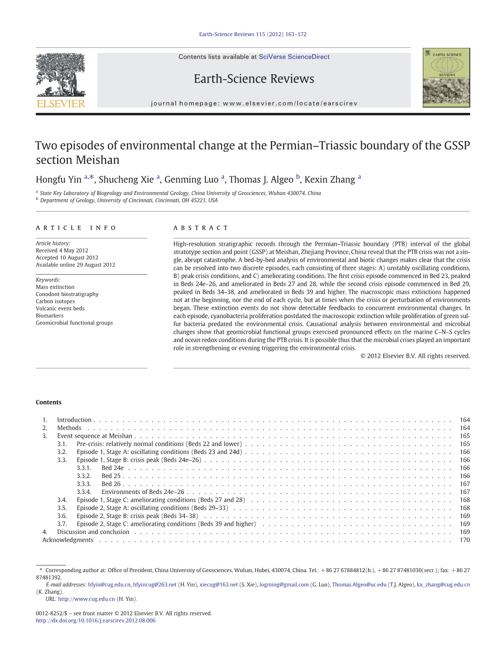 Two Episodes of Environmental Change at the Permian–Triassic Boundary of the GSSP Section Meishan