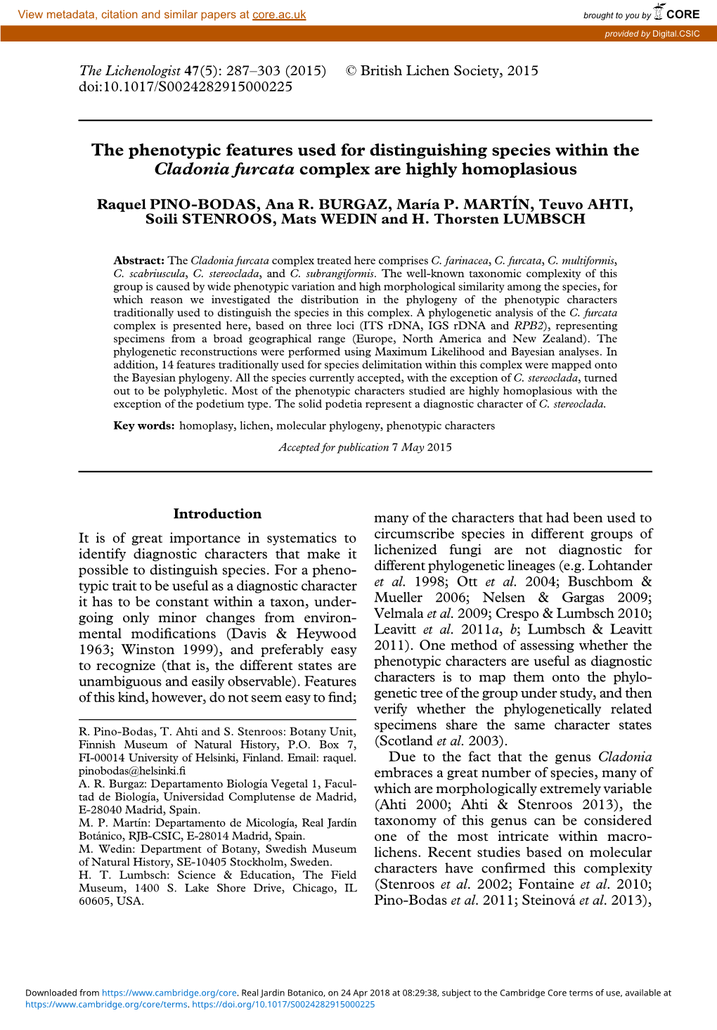 The Phenotypic Features Used for Distinguishing Species Within the Cladonia Furcata Complex Are Highly Homoplasious