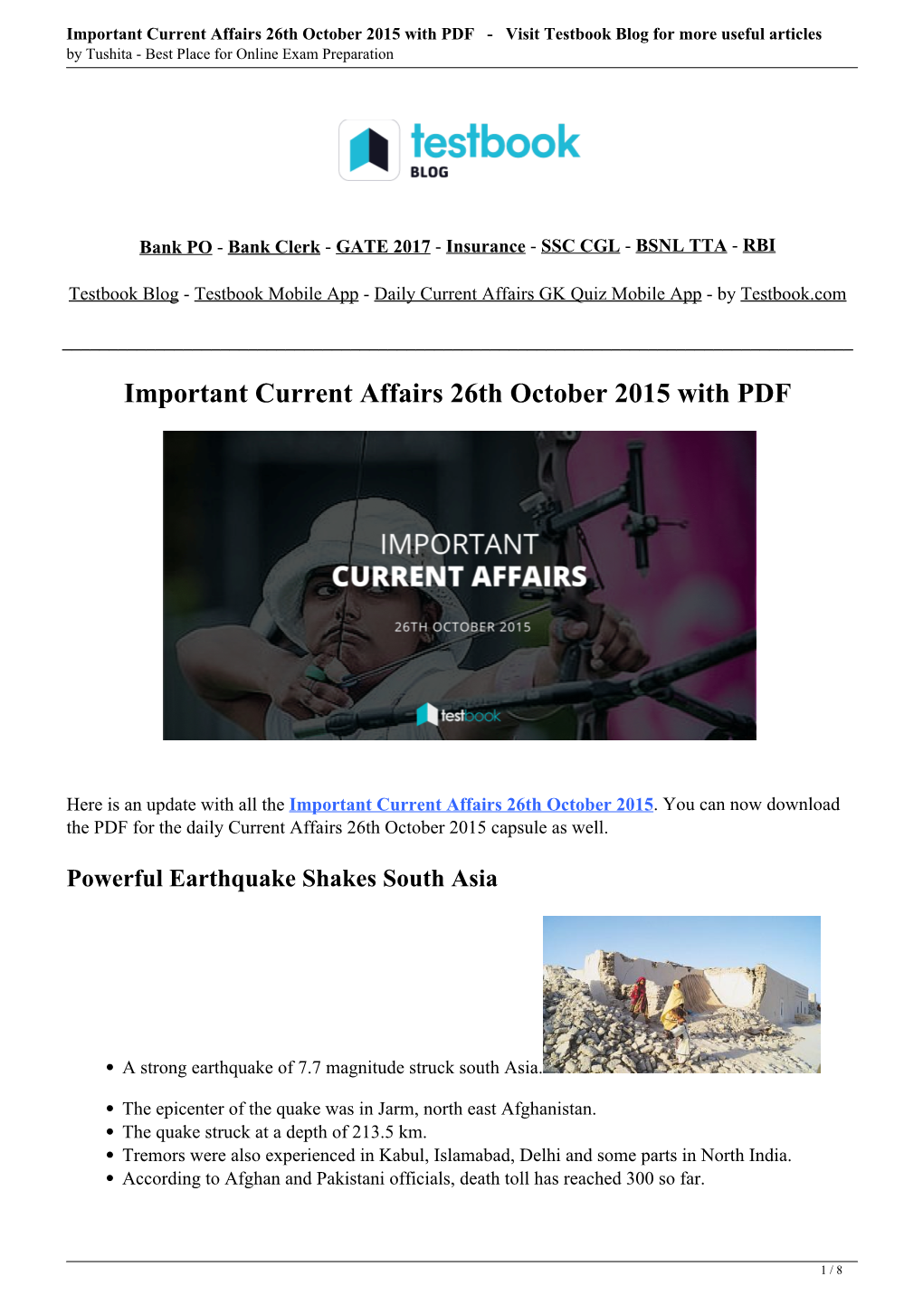 Important Current Affairs 26Th October 2015 with PDF - Visit Testbook Blog for More Useful Articles by Tushita - Best Place for Online Exam Preparation