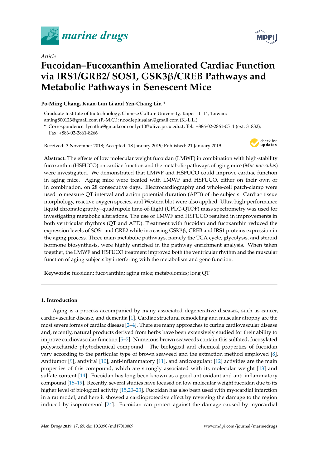 Fucoidan–Fucoxanthin Ameliorated Cardiac Function Via IRS1/GRB2/ SOS1, Gsk3β/CREB Pathways and Metabolic Pathways in Senescent Mice