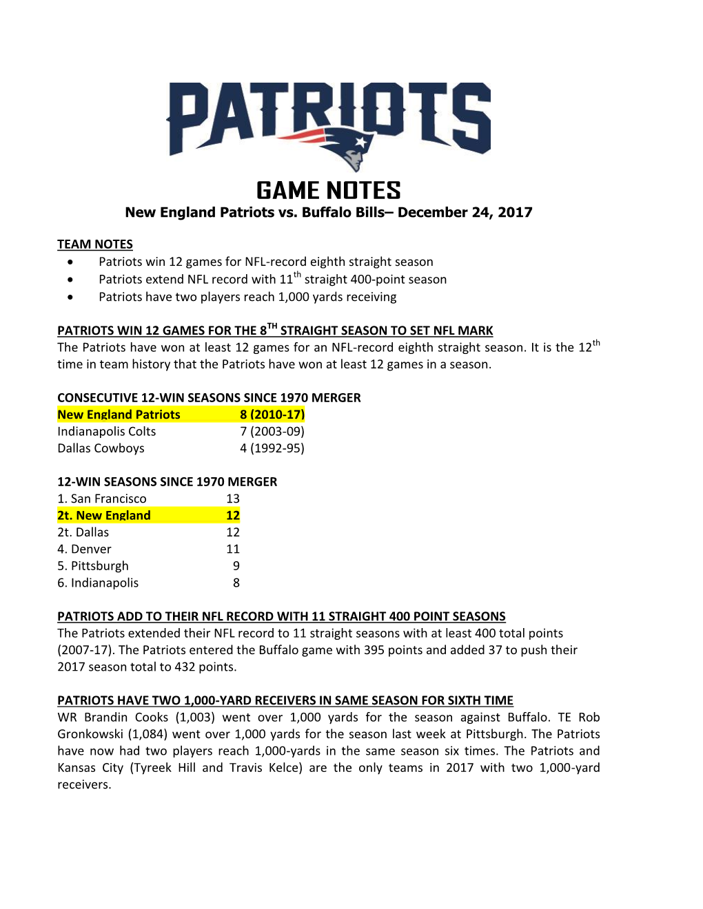 GAME NOTES New England Patriots Vs