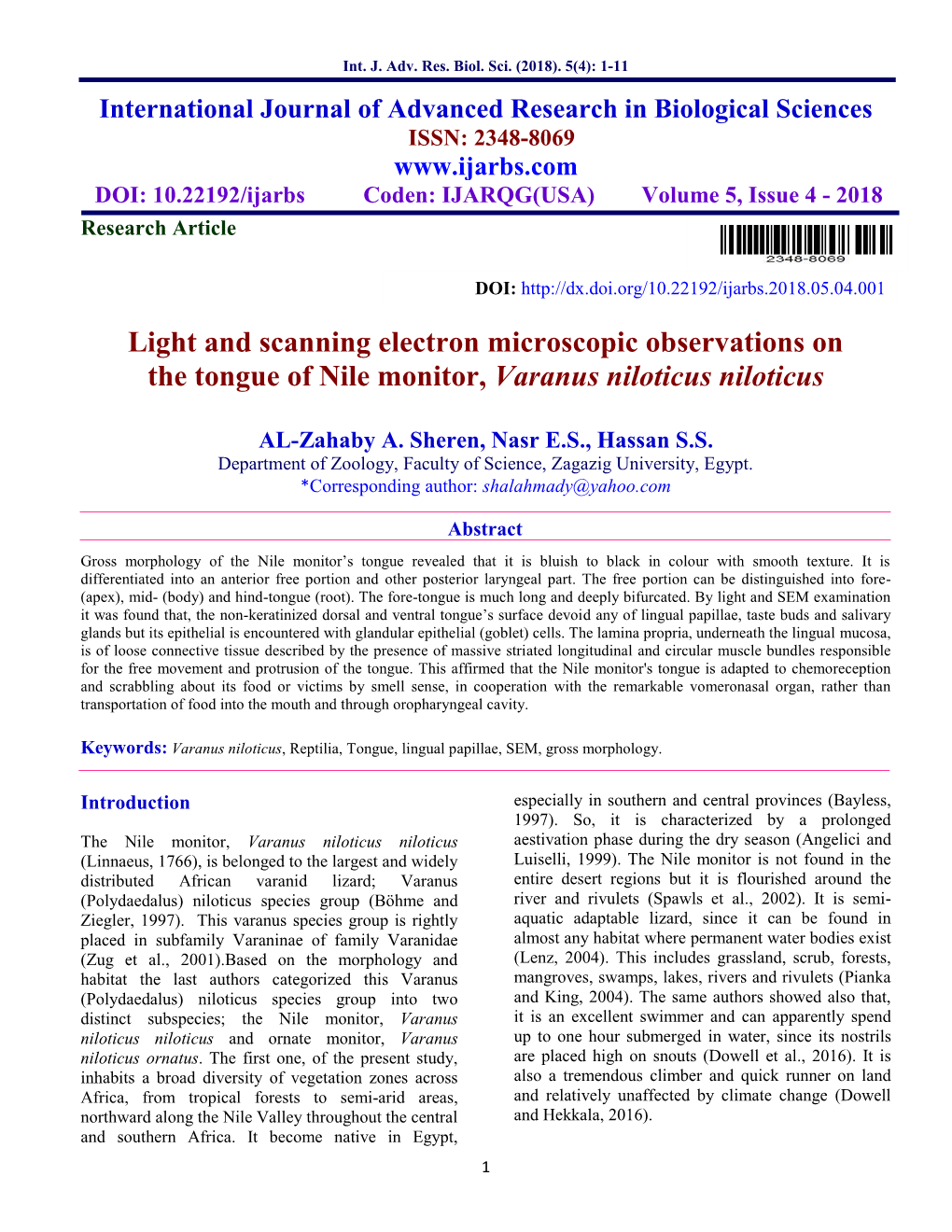 Light and Scanning Electron Microscopic Observations on the Tongue of Nile Monitor, Varanus Niloticus Niloticus