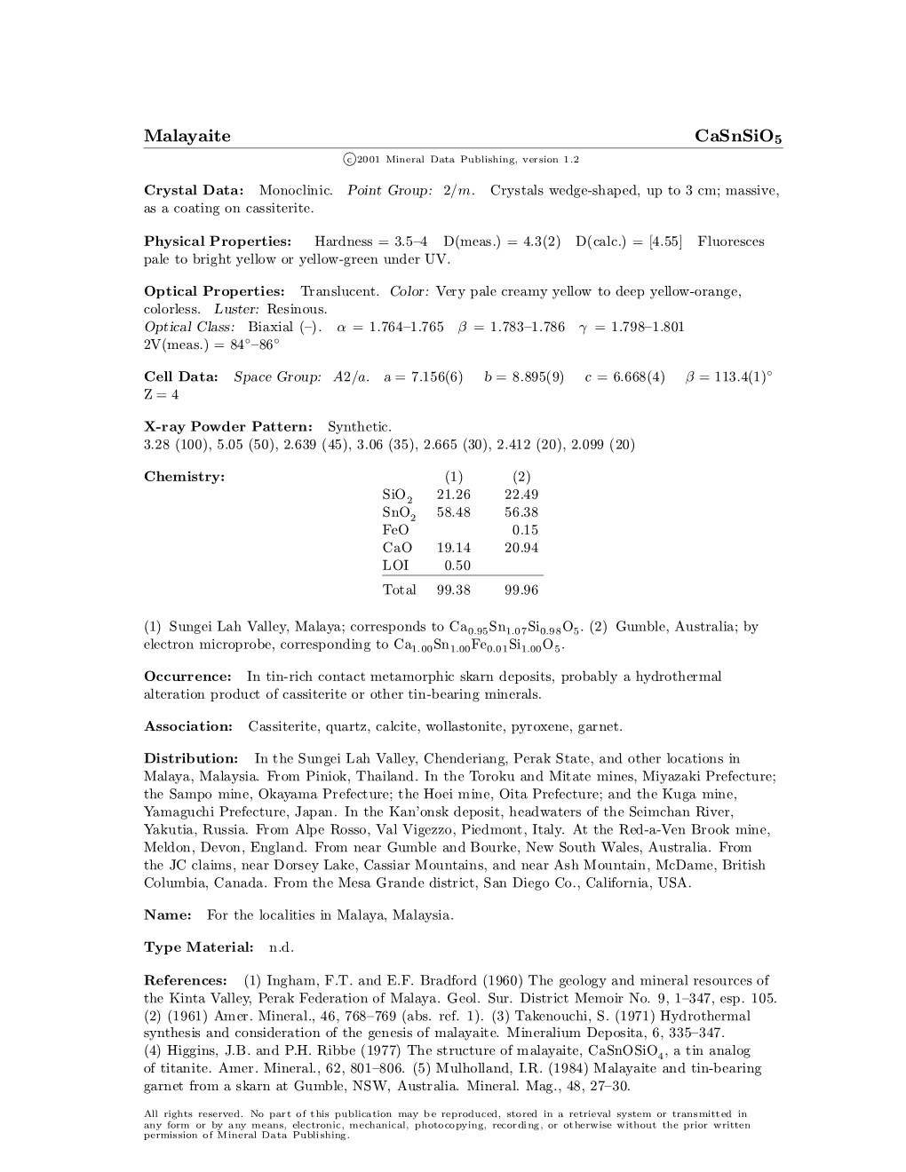 Malayaite Casnsio5 C 2001 Mineral Data Publishing, Version 1.2 ° Crystal Data: Monoclinic