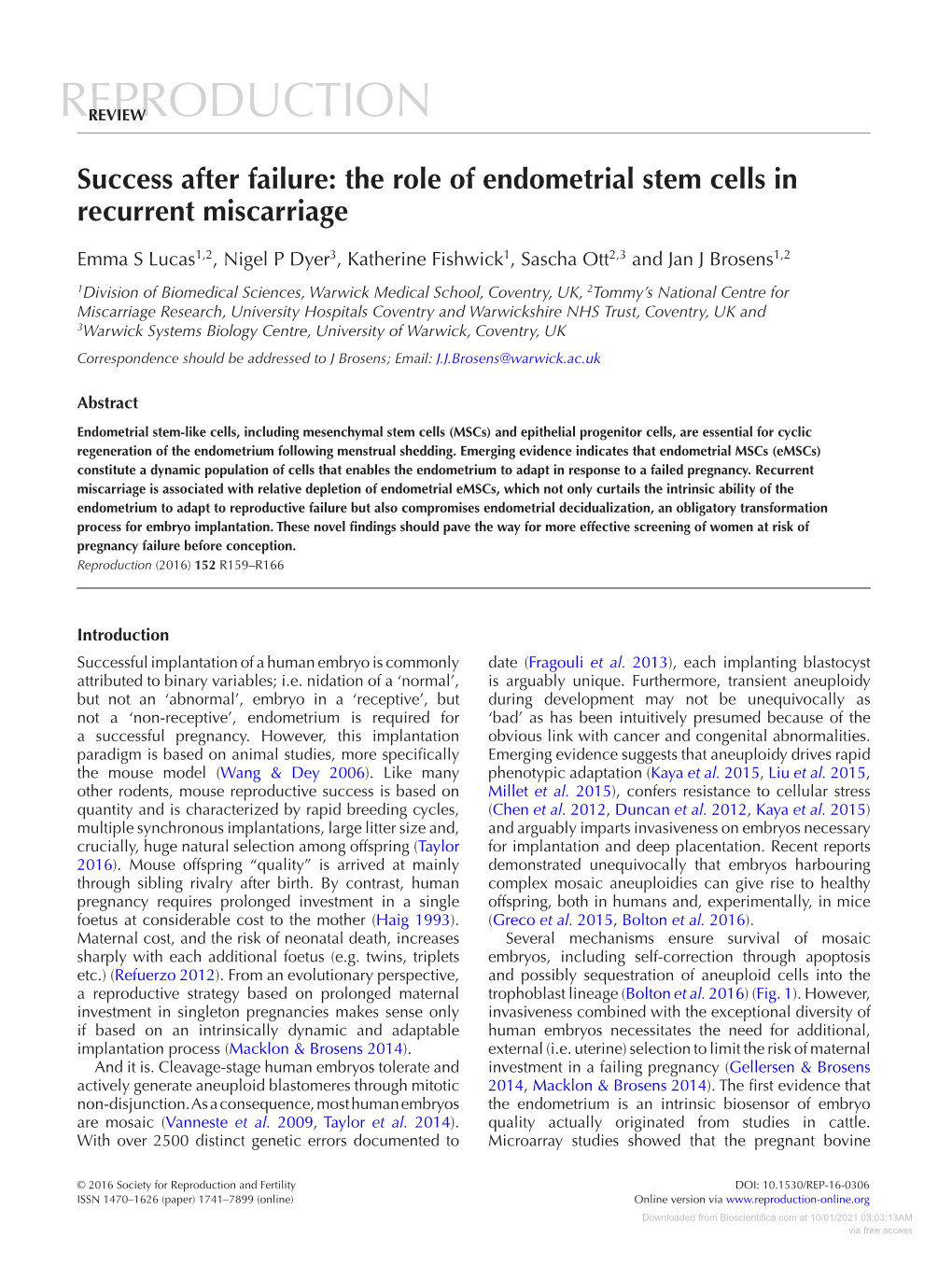 The Role of Endometrial Stem Cells in Recurrent Miscarriage